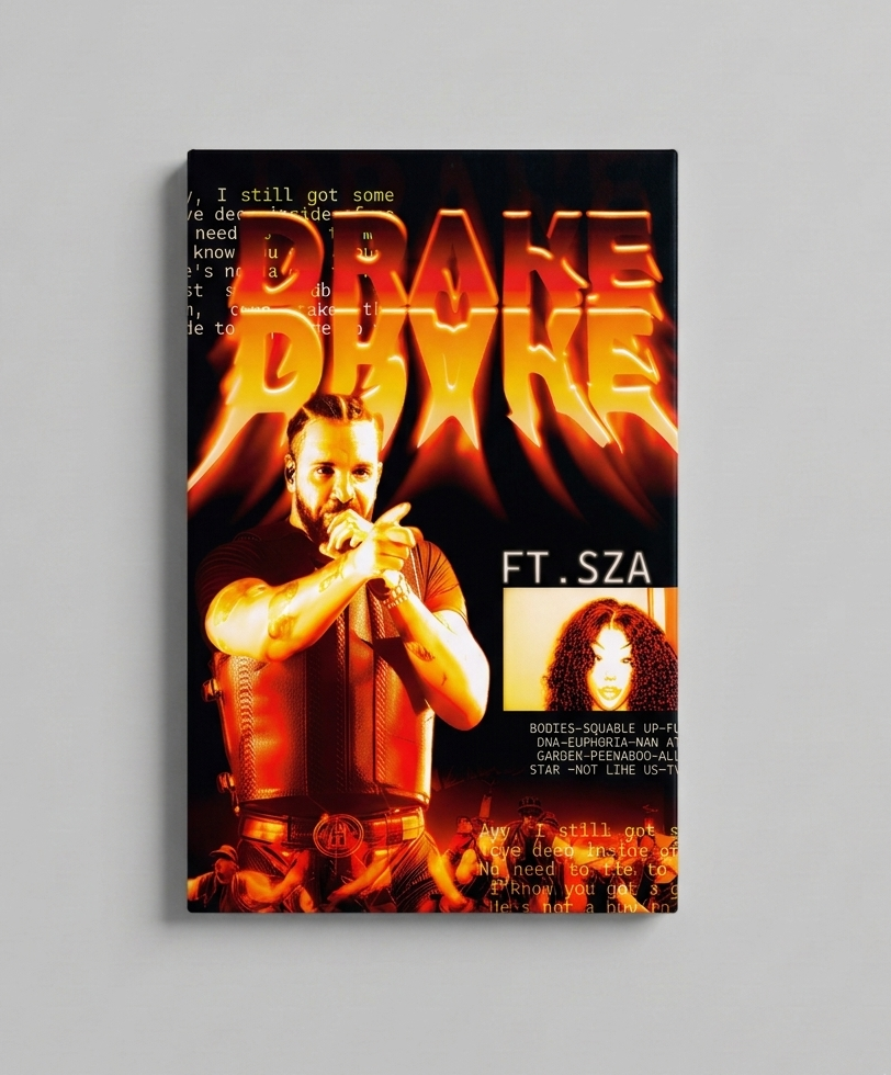 Drake x SZA fire velvet wall tapestry – bold fire typography with dark dramatic hip hop energy and moody tones