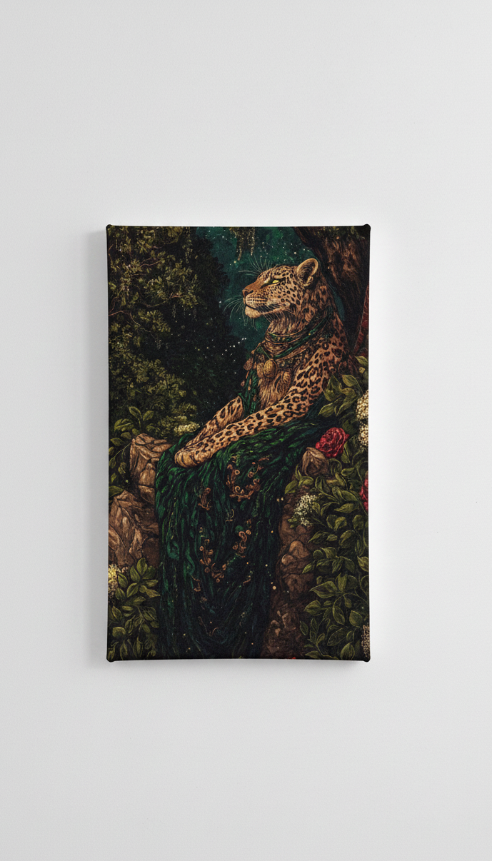 Regal leopard forest velvet wall tapestry – regal leopard in dark forest setting flat product view