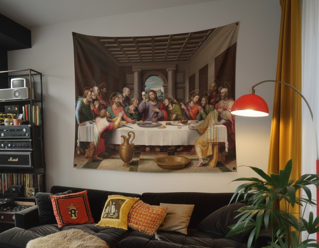 The Last Supper velvet wall tapestry – room mockup showing tapestry hung on dining room wall