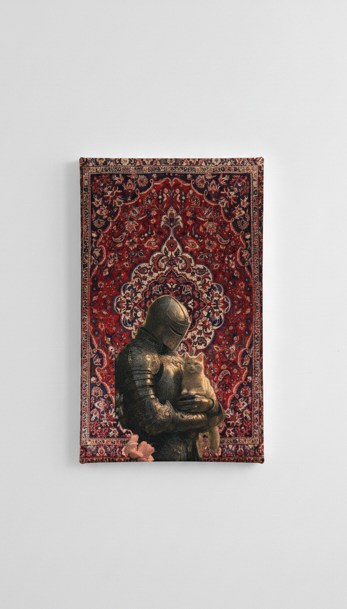 Knight holding cat velvet wall tapestry – armored knight cradling a cat on Persian rug background flat product view