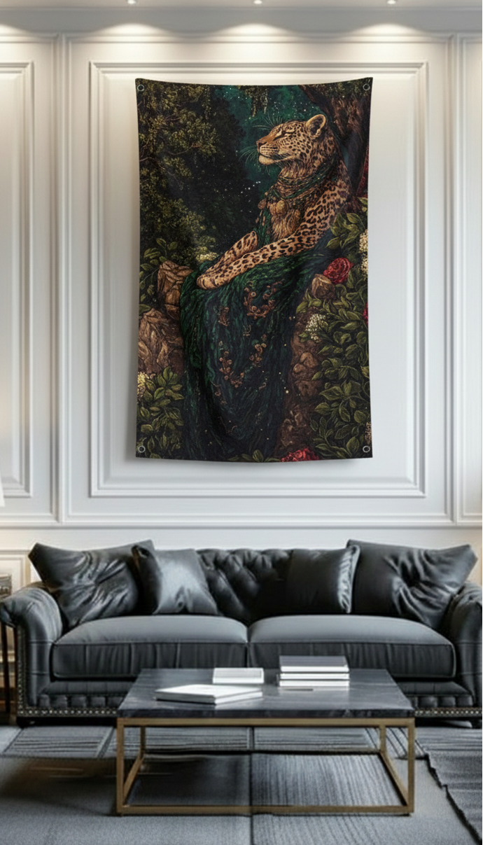 Regal leopard forest velvet wall tapestry – room mockup showing tapestry hung on bedroom wall