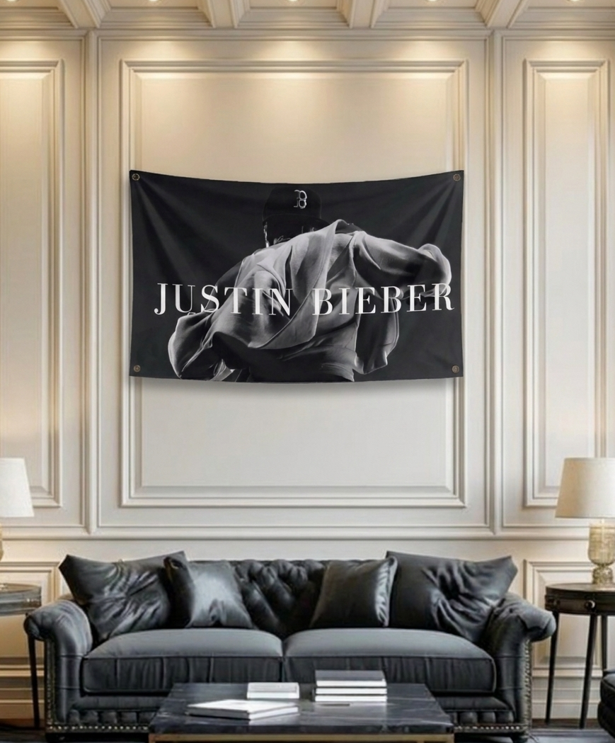 Justin Bieber velvet wall tapestry – monochrome concert portrait music fan art mockup on bedroom wall