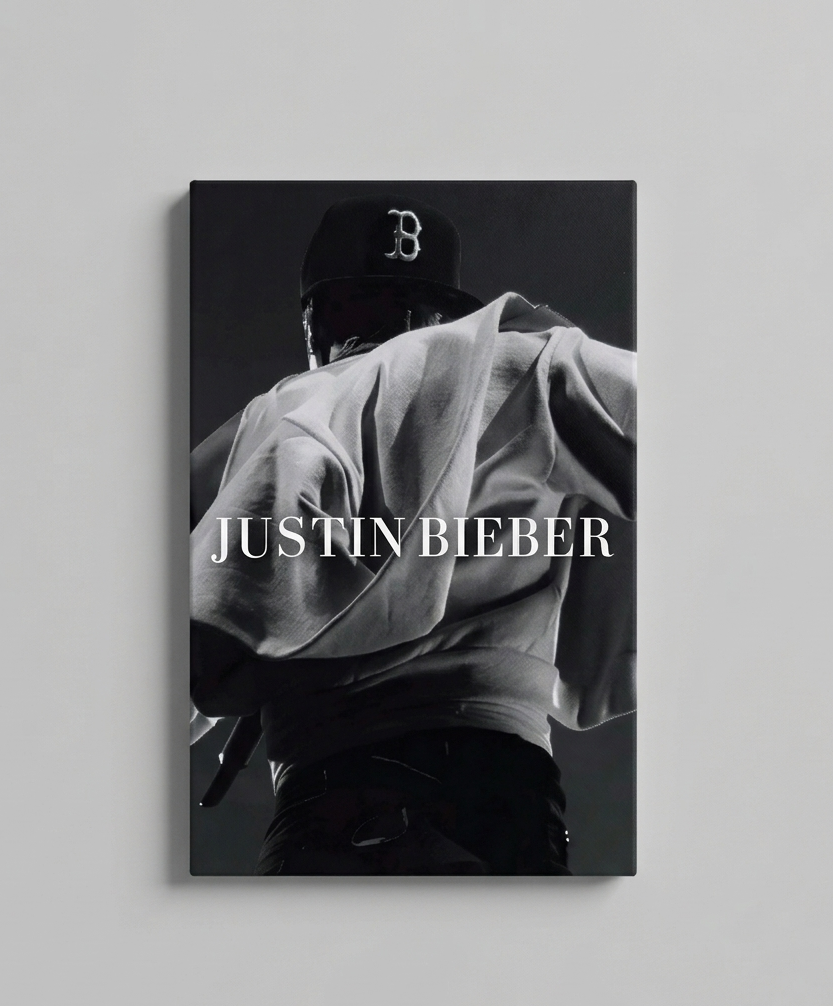 Justin Bieber velvet wall tapestry – dramatic back-turned concert shot in black and white with clean white name typography