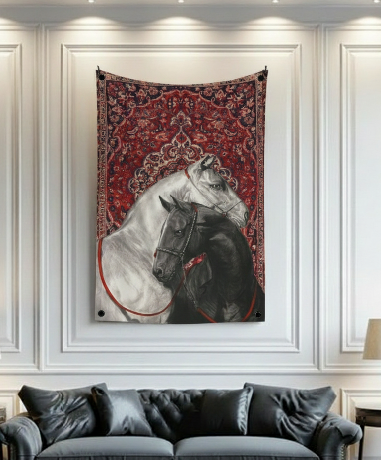Black and white horses velvet wall tapestry – room mockup showing tapestry hung on bedroom wall