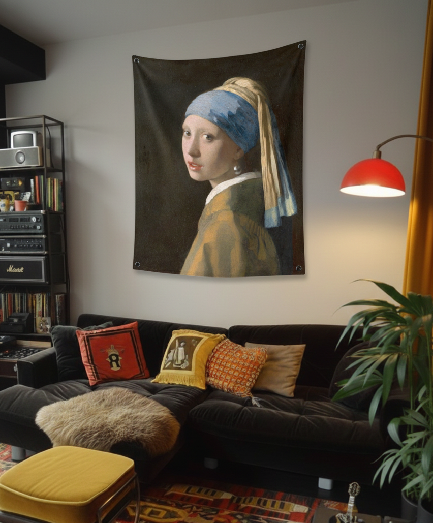 Girl with a Pearl Earring velvet wall tapestry – room mockup showing tapestry hung on bedroom wall