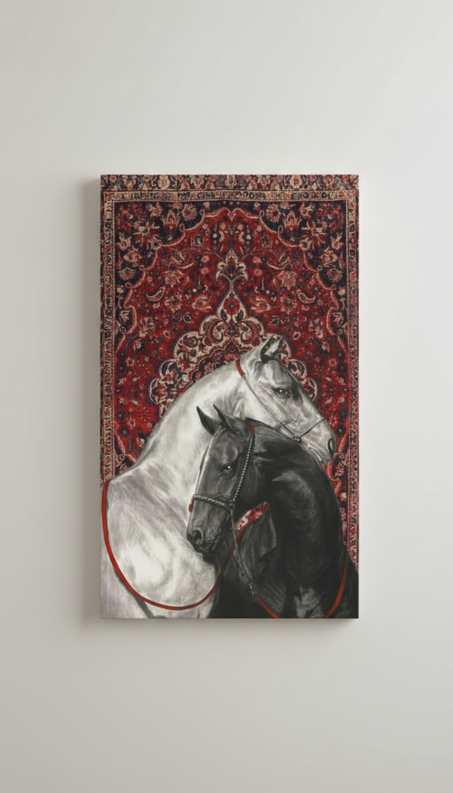 Black and white horses velvet wall tapestry – black and white horses on Persian rug background flat product view