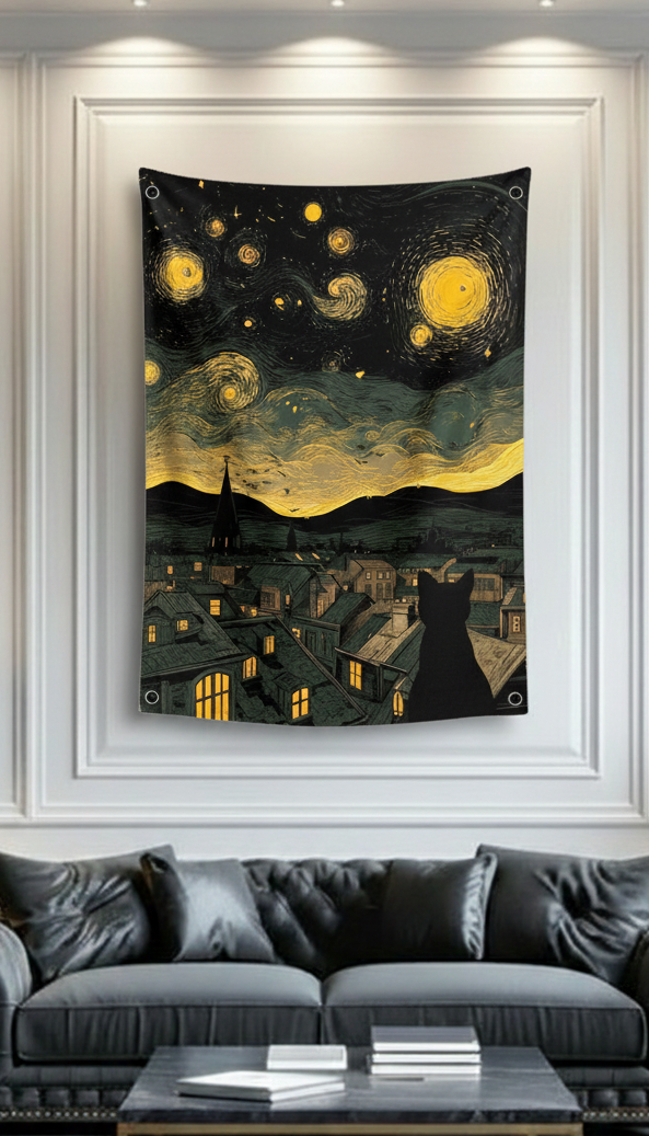 Starry Night black cat velvet wall tapestry – room mockup showing tapestry hung on bedroom wall