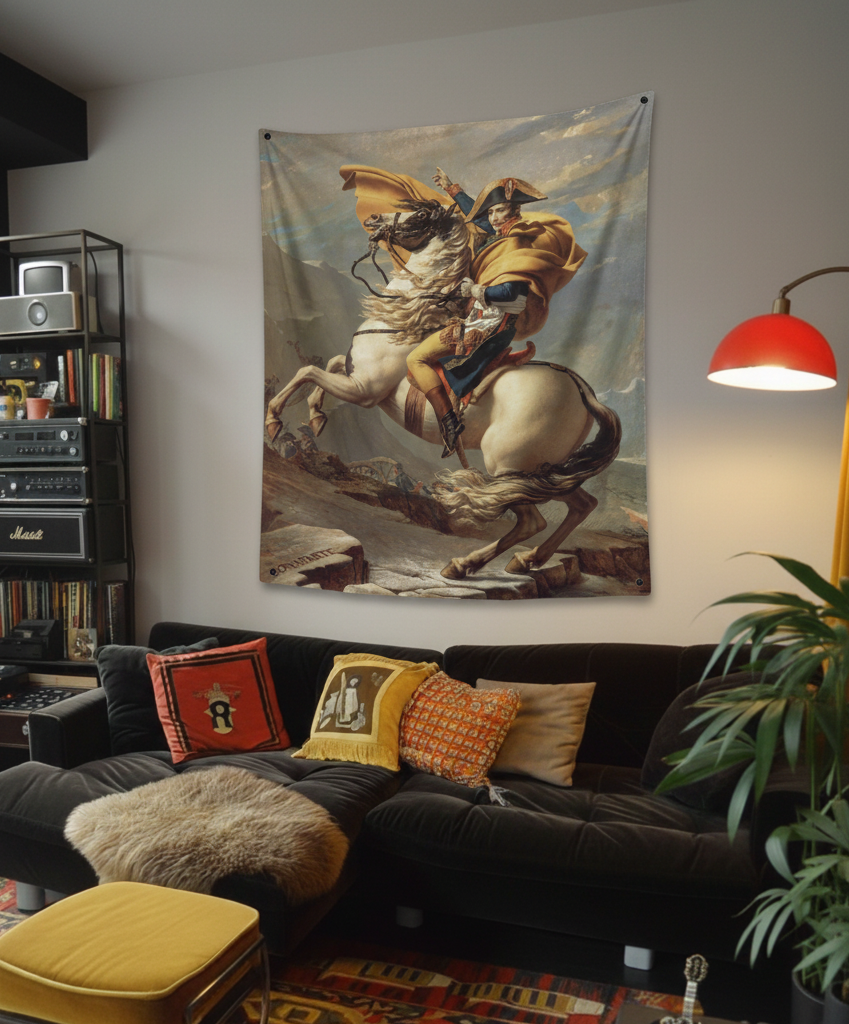 Napoleon Crossing the Alps velvet wall tapestry – room mockup showing tapestry hung on living room wall