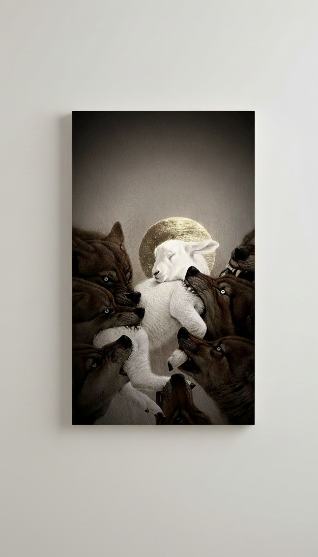 Lamb among wolves velvet wall tapestry – symbolic dark art with lamb surrounded by wolves flat product view
