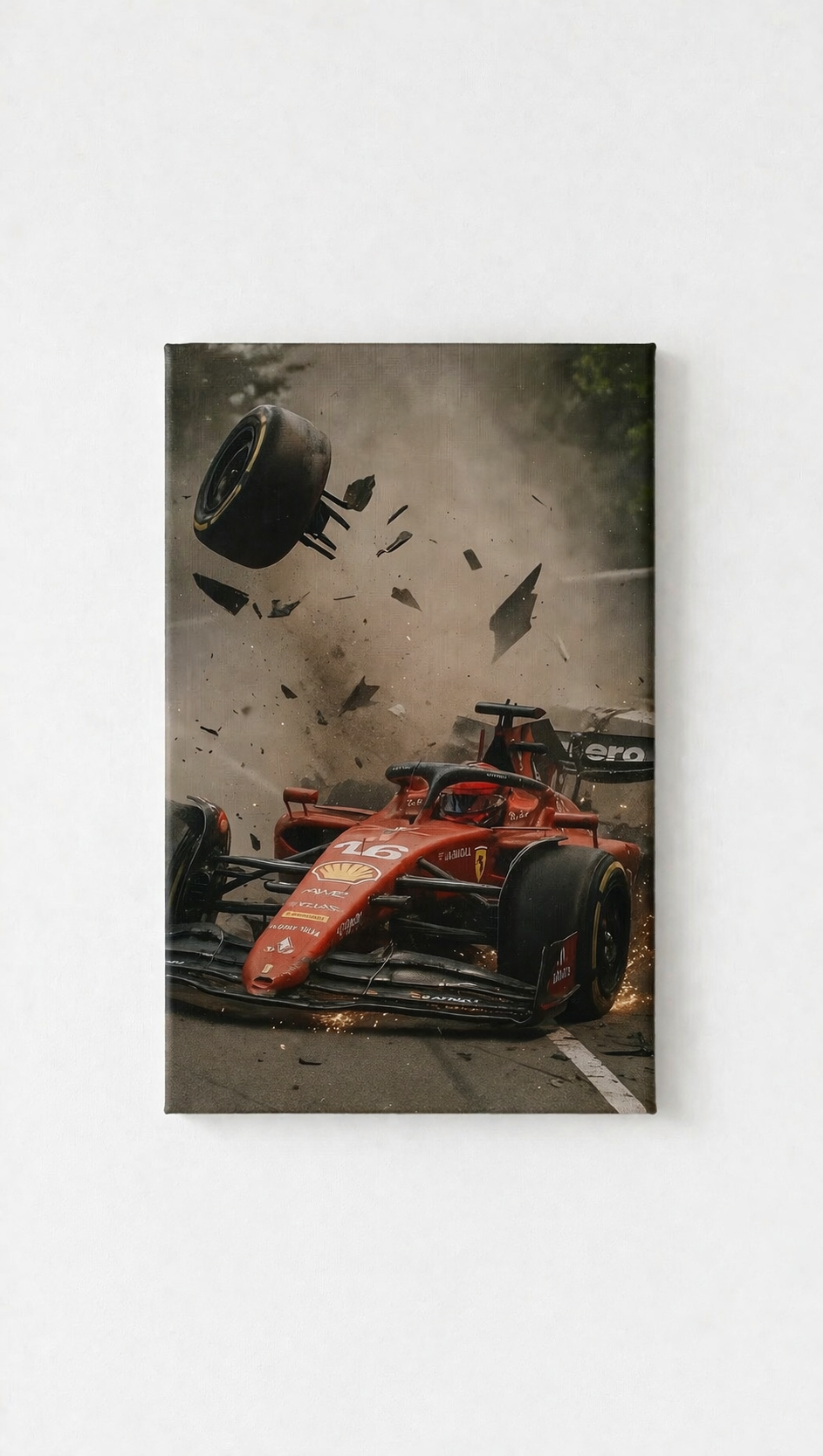 F1 Ferrari velvet wall tapestry – dramatic Formula 1 Ferrari in action on track flat product view