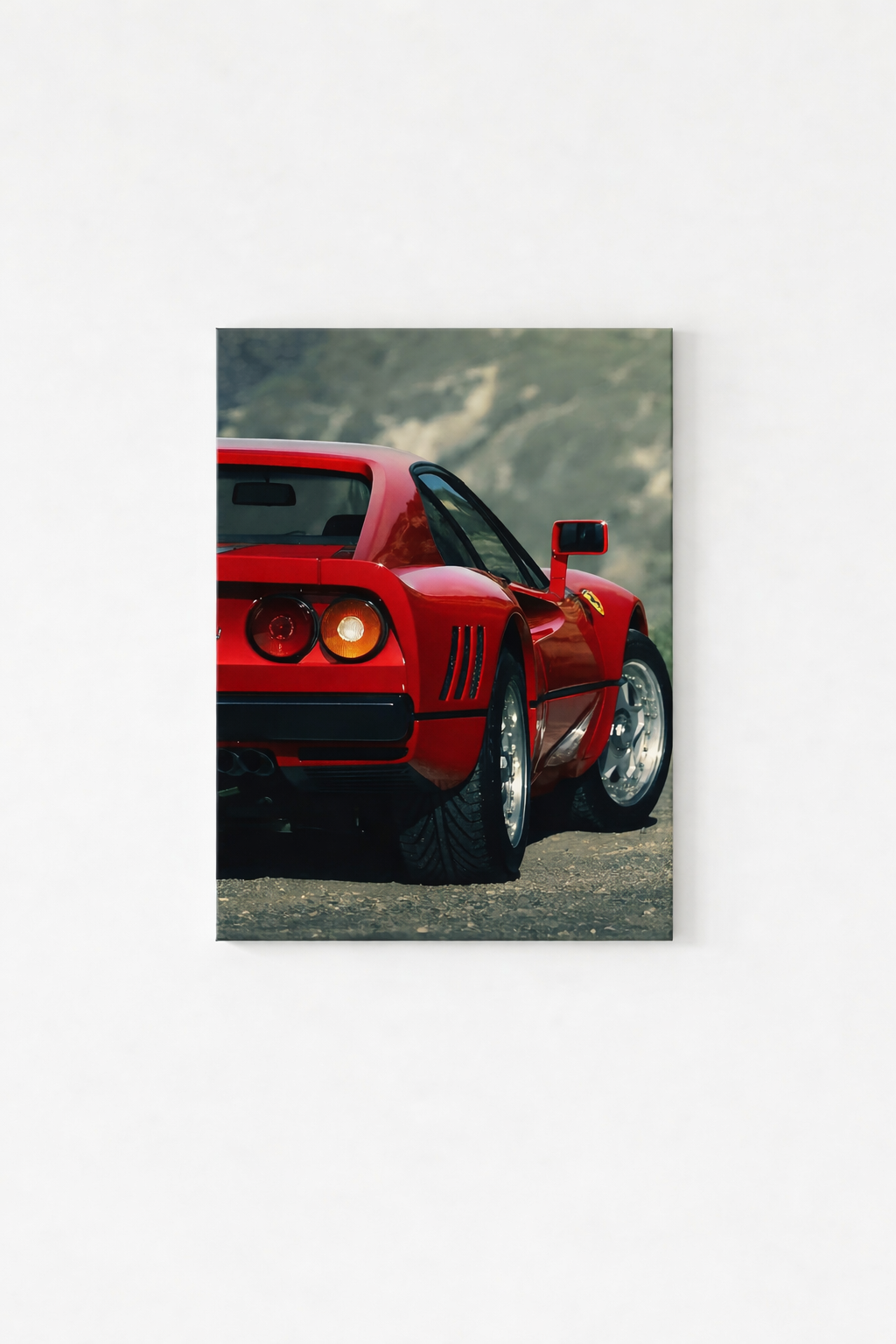 Ferrari GTO velvet wall tapestry – classic red GTO supercar in retro automotive detail flat product view