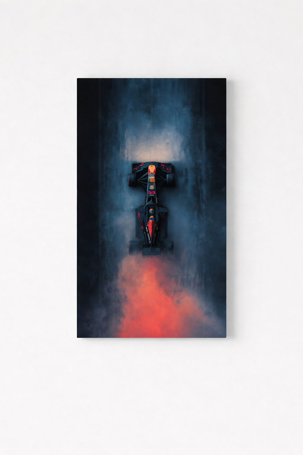 Red Bull F1 velvet wall tapestry – cinematic aerial view of Red Bull F1 car with smoke flat product view