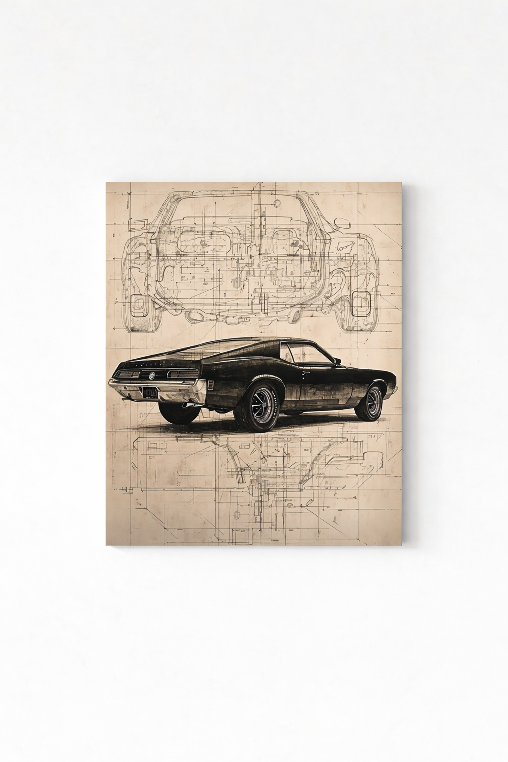 Muscle car blueprint velvet wall tapestry – sepia engineering sketch blueprint of muscle car flat product view