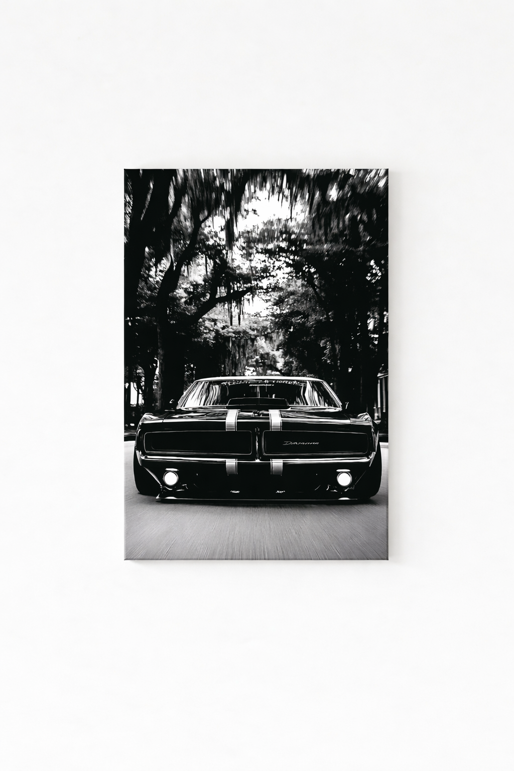 Dodge Charger velvet wall tapestry – classic black and white Charger in cinematic automotive art flat product view