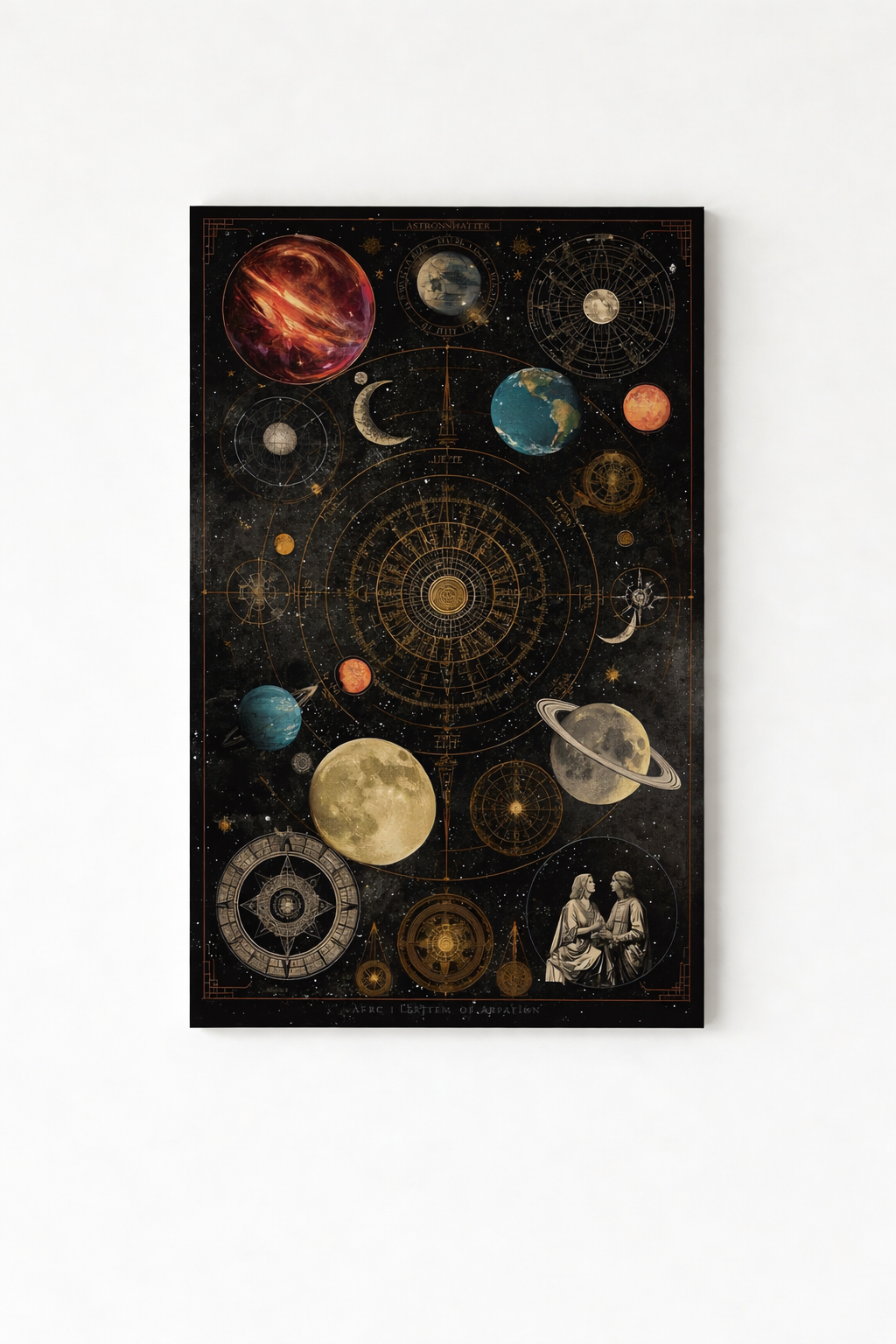 Astronomical chart velvet wall tapestry – vintage Renaissance planetary chart with celestial diagrams flat product view