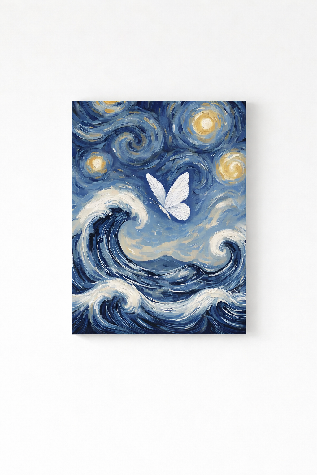 Starry wave butterfly velvet wall tapestry – Van Gogh-style impressionist ocean with butterfly in navy and gold flat product view