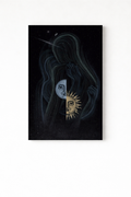 Celestial figure velvet wall tapestry – dark cosmic feminine figure with sun and moon elements flat product view