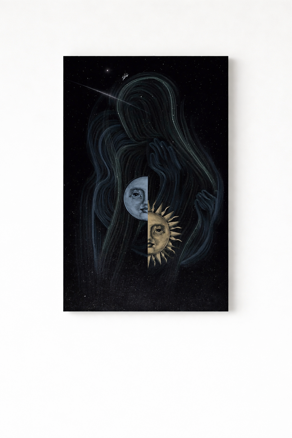Celestial figure velvet wall tapestry – dark cosmic feminine figure with sun and moon elements flat product view