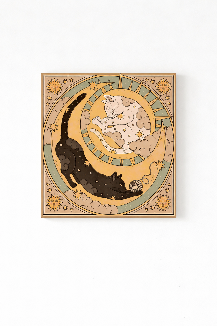 Decorative wall art with cats on a moon and star design on a white background