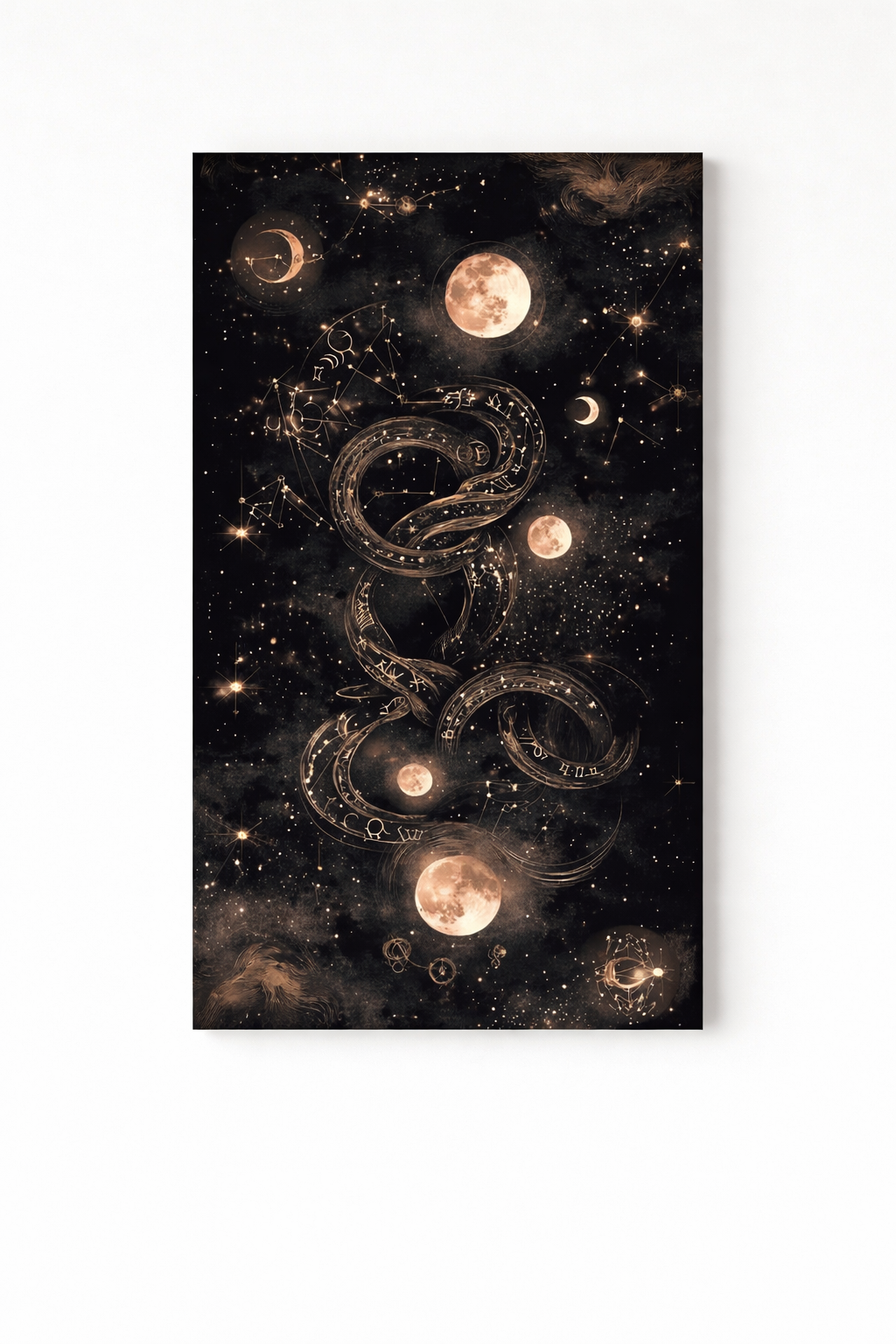 Celestial serpent velvet wall tapestry – dark romantic snake coiled among constellations flat product view