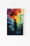 Colorful abstract painting of a silhouette against a white background