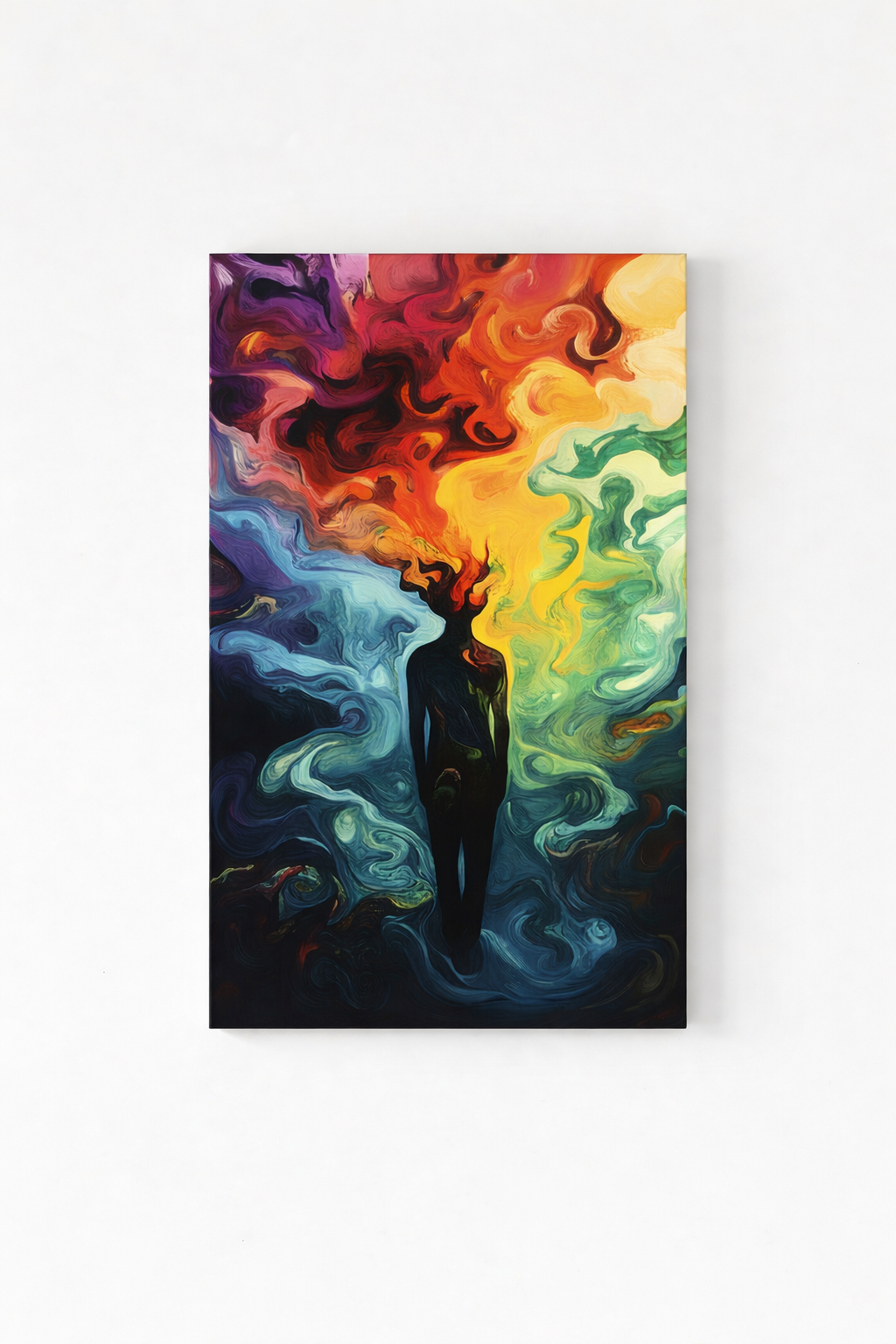 Colorful abstract painting of a silhouette against a white background