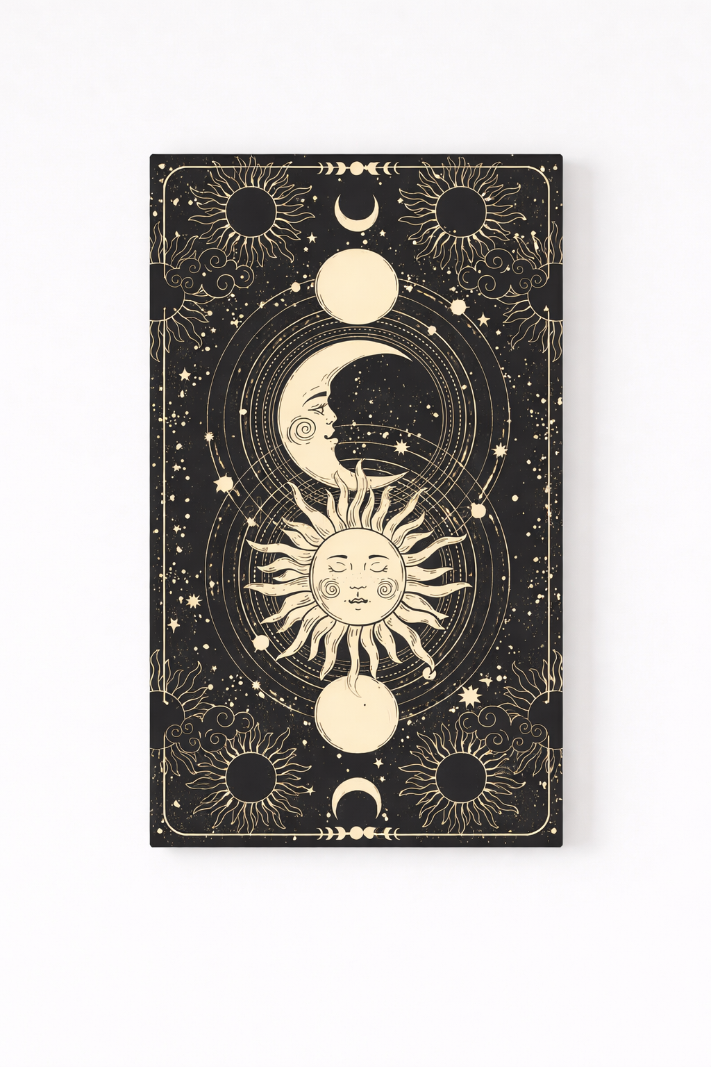 Sun and moon velvet wall tapestry – tarot-style black and cream sun and moon illustration flat product view