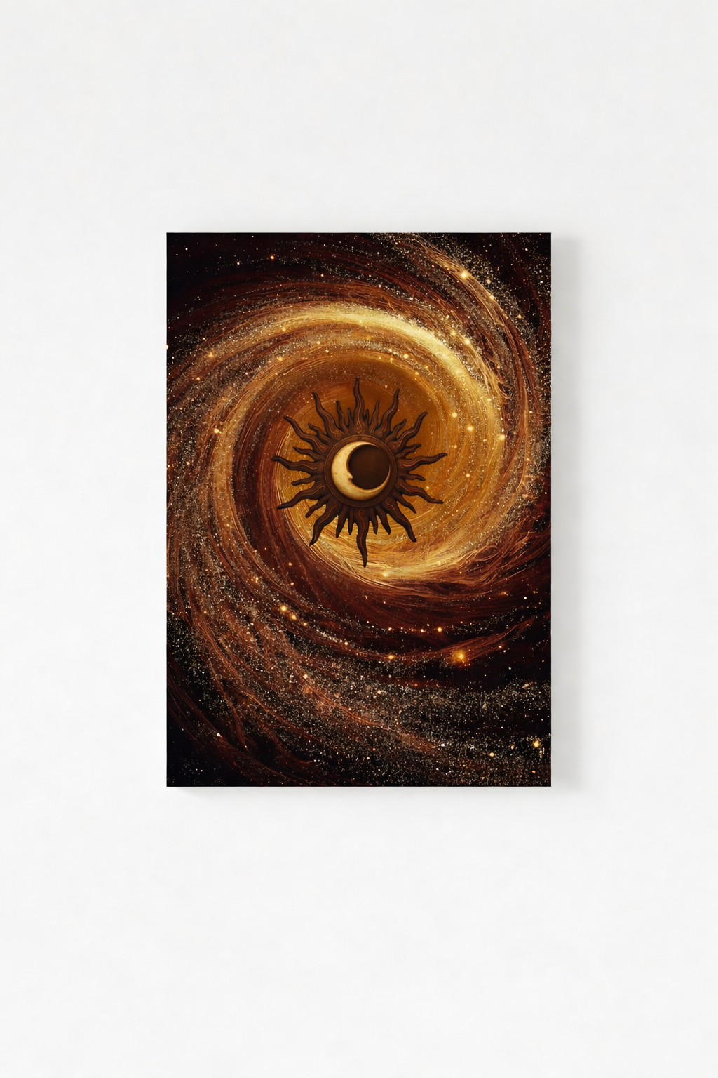 Solar eclipse velvet wall tapestry – warm amber and gold galaxy cosmic eclipse art flat product view