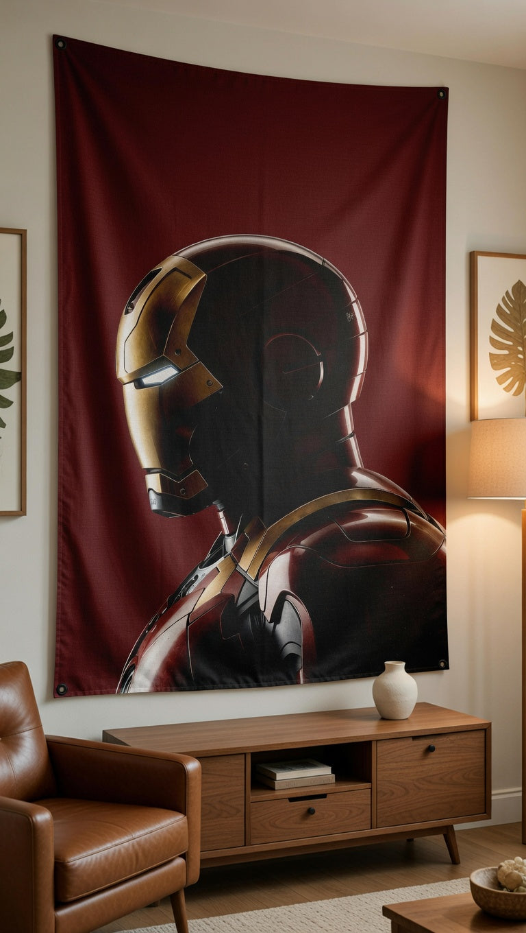 Iron Man velvet wall tapestry – dark cinematic Marvel profile art mockup on bedroom wall