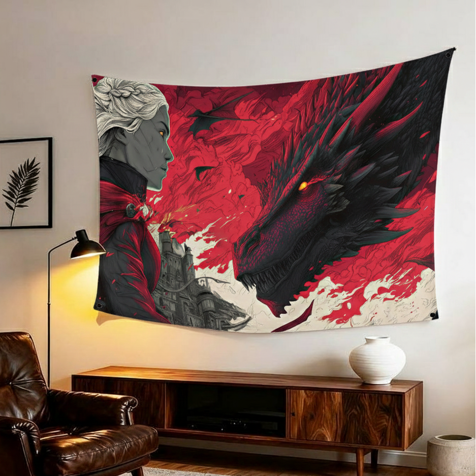 Dragon Queen velvet wall tapestry – House of the Dragon dark fantasy illustration mockup on bedroom wall