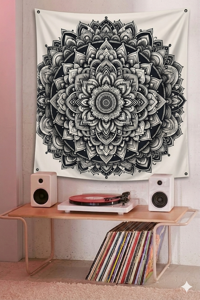 Black ink mandala velvet wall tapestry – room mockup showing tapestry hung on bedroom wall