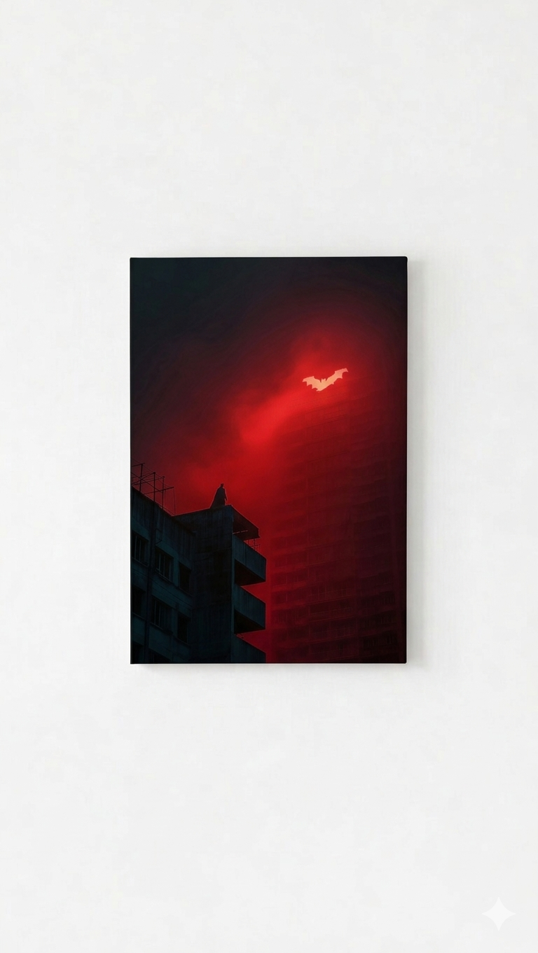 Batman Gotham City velvet wall tapestry – Batman on rooftop with bat silhouette cutting through blood-red sky above dark rain-soaked cityscape