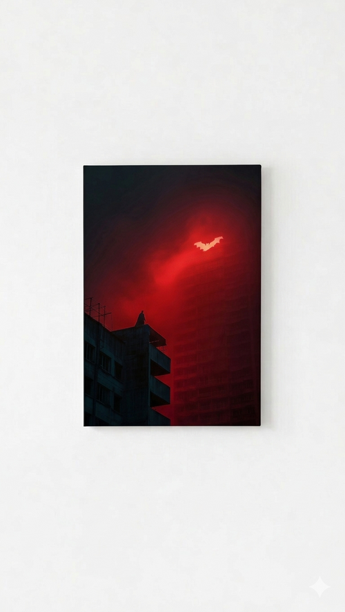 Batman Gotham City velvet wall tapestry – Batman on rooftop with bat silhouette cutting through blood-red sky above dark rain-soaked cityscape
