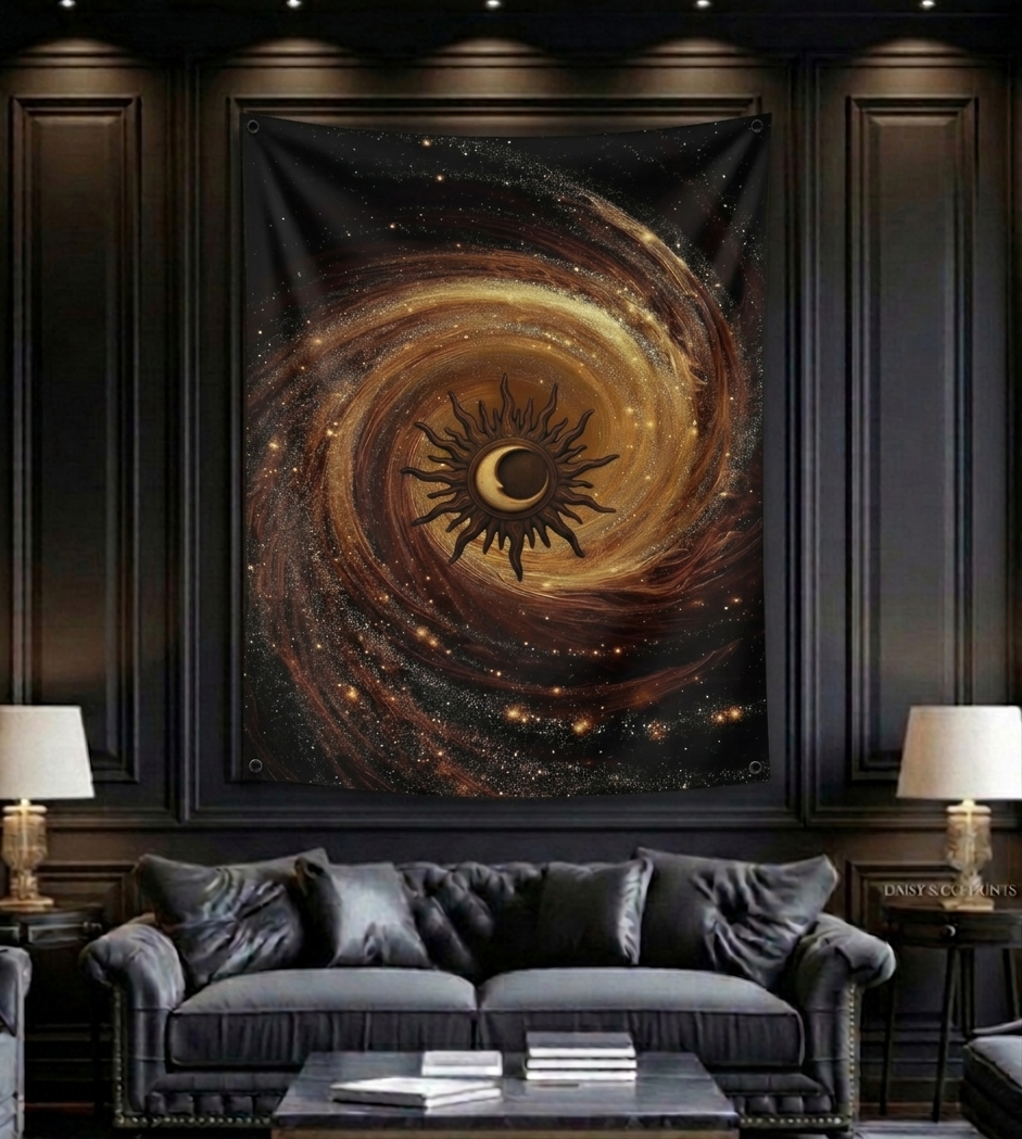Solar eclipse velvet wall tapestry – room mockup showing tapestry hung on bedroom wall