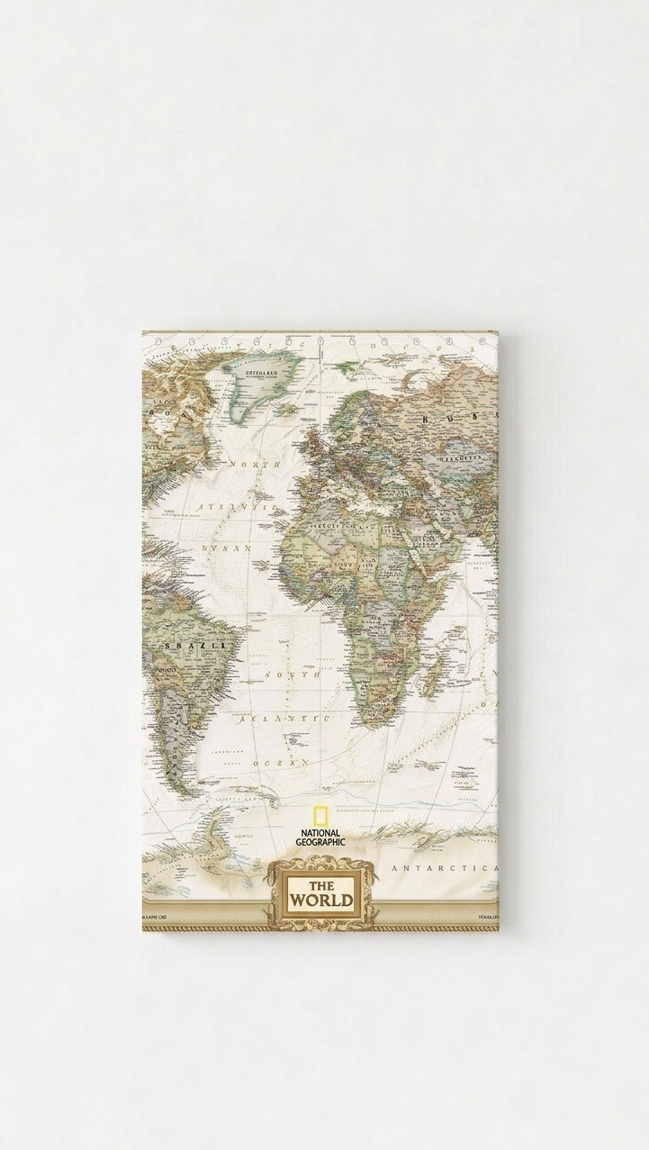Vintage world map in warm antique tones with detailed continents and oceans, printed on a velvet wall tapestry