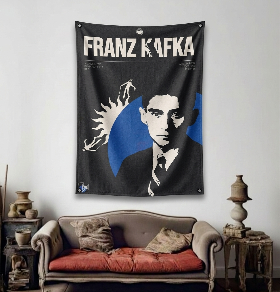 Franz Kafka velvet wall tapestry – room mockup showing tapestry hung on bedroom wall