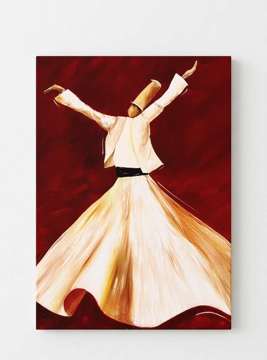 Whirling dervish velvet wall tapestry – lone figure in white robes mid-sema on deep crimson background flat product view