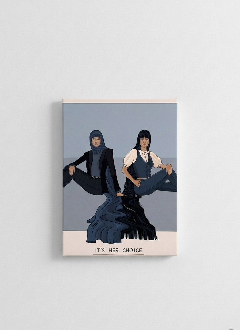 It's Her Choice velvet wall tapestry – two women illustrated in blue-grey tones with feminist statement text flat product view