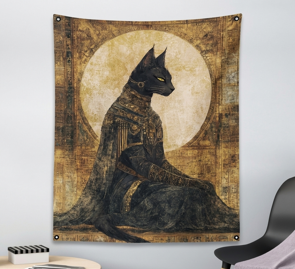 Bastet velvet wall tapestry – room mockup showing tapestry hung on bedroom wall