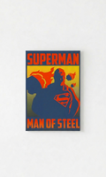 Superman velvet wall tapestry – vintage propaganda poster with navy blue silhouette burnt orange cape and golden yellow background with chunky retro typography