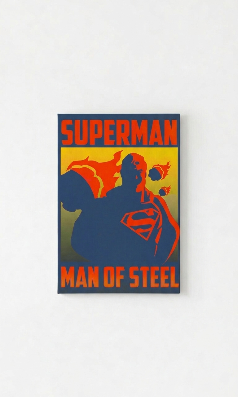 Superman velvet wall tapestry – vintage propaganda poster with navy blue silhouette burnt orange cape and golden yellow background with chunky retro typography