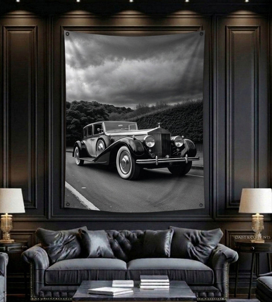Rolls Royce velvet wall tapestry – room mockup showing tapestry hung on living room wall