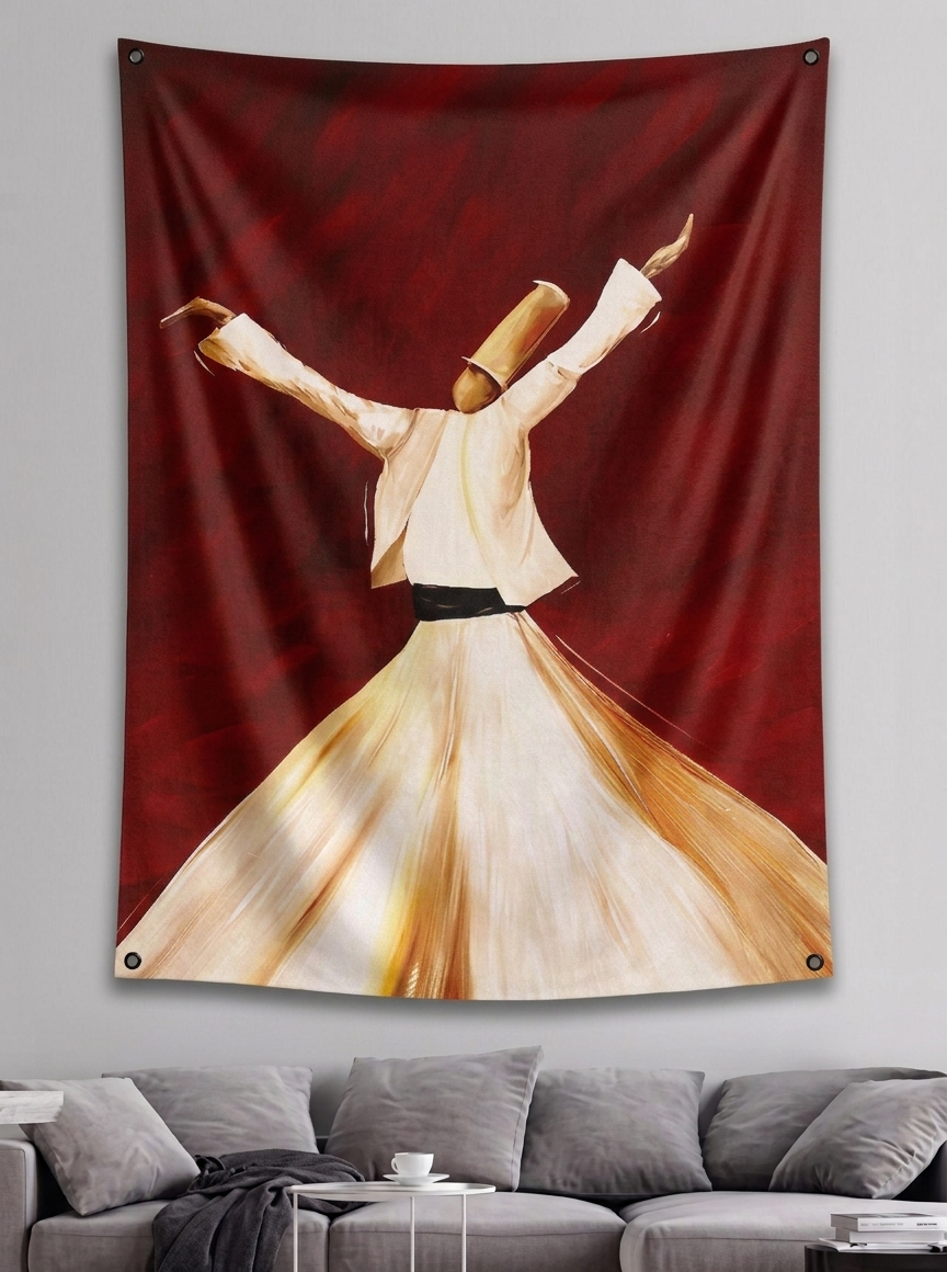 Whirling dervish velvet wall tapestry – room mockup showing tapestry hung on bedroom wall