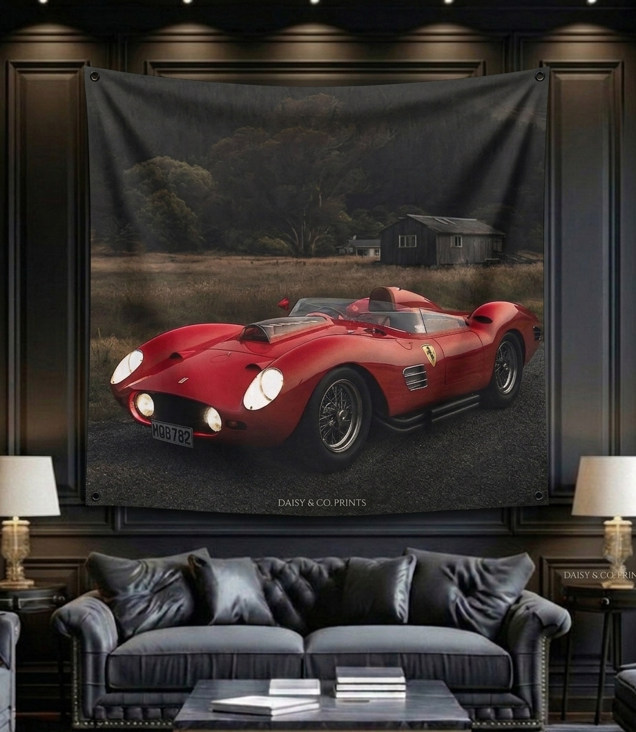 Red Ferrari velvet tapestry hung above a dark leather sofa in an elegant living room