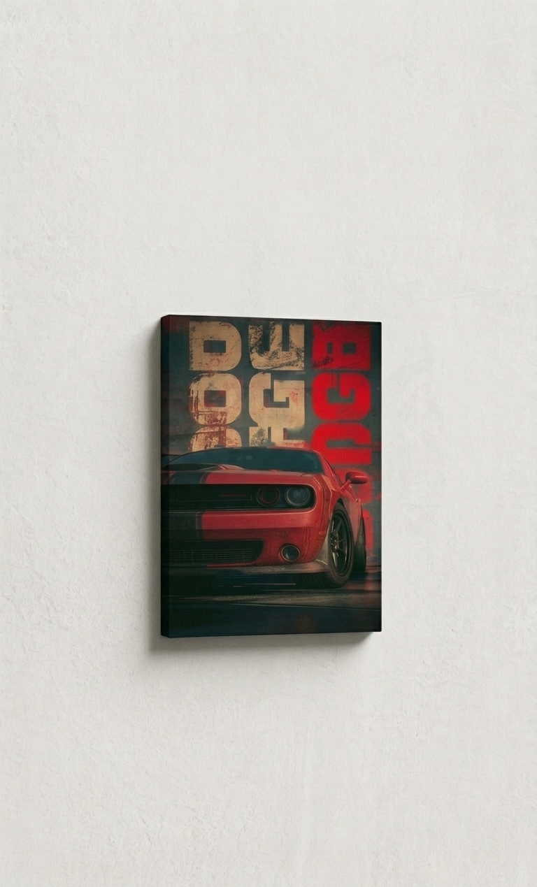 Dodge Challenger velvet wall tapestry – bold red Challenger with grunge typography on dark background flat product view