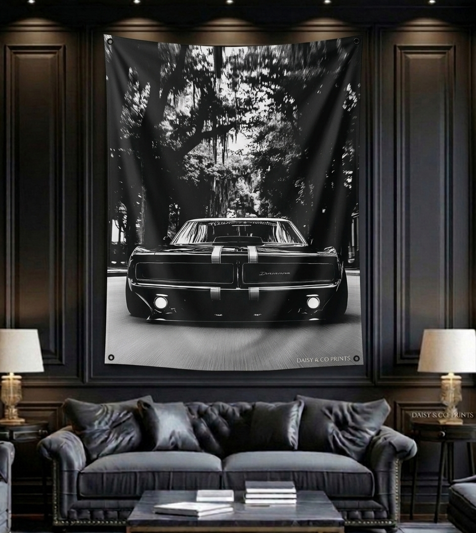 Dodge Charger velvet wall tapestry – room mockup showing tapestry hung on bedroom wall