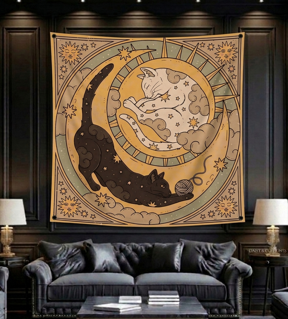 Decorative tapestry with cat and moon design hanging above a sofa in a room.