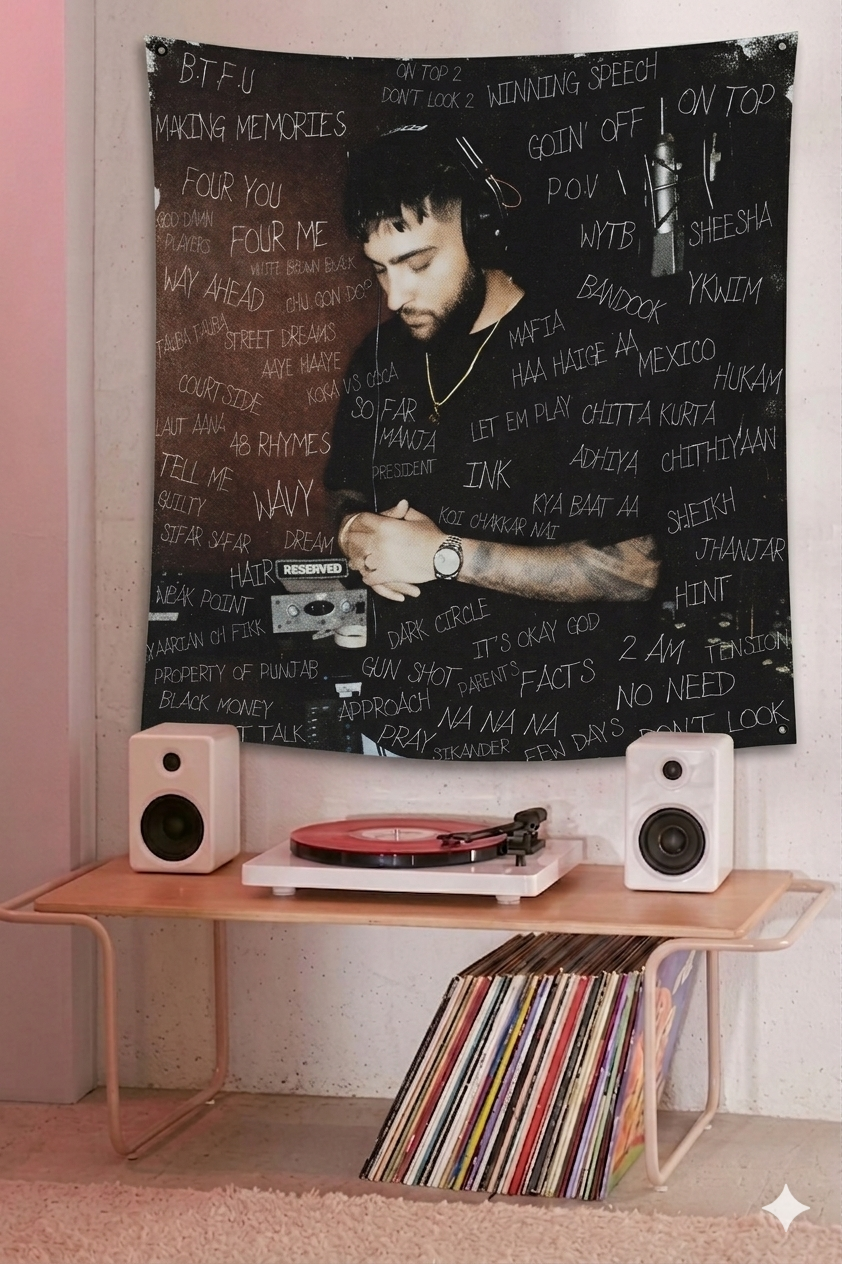 Karan Aujla velvet tapestry mockup on bedroom wall