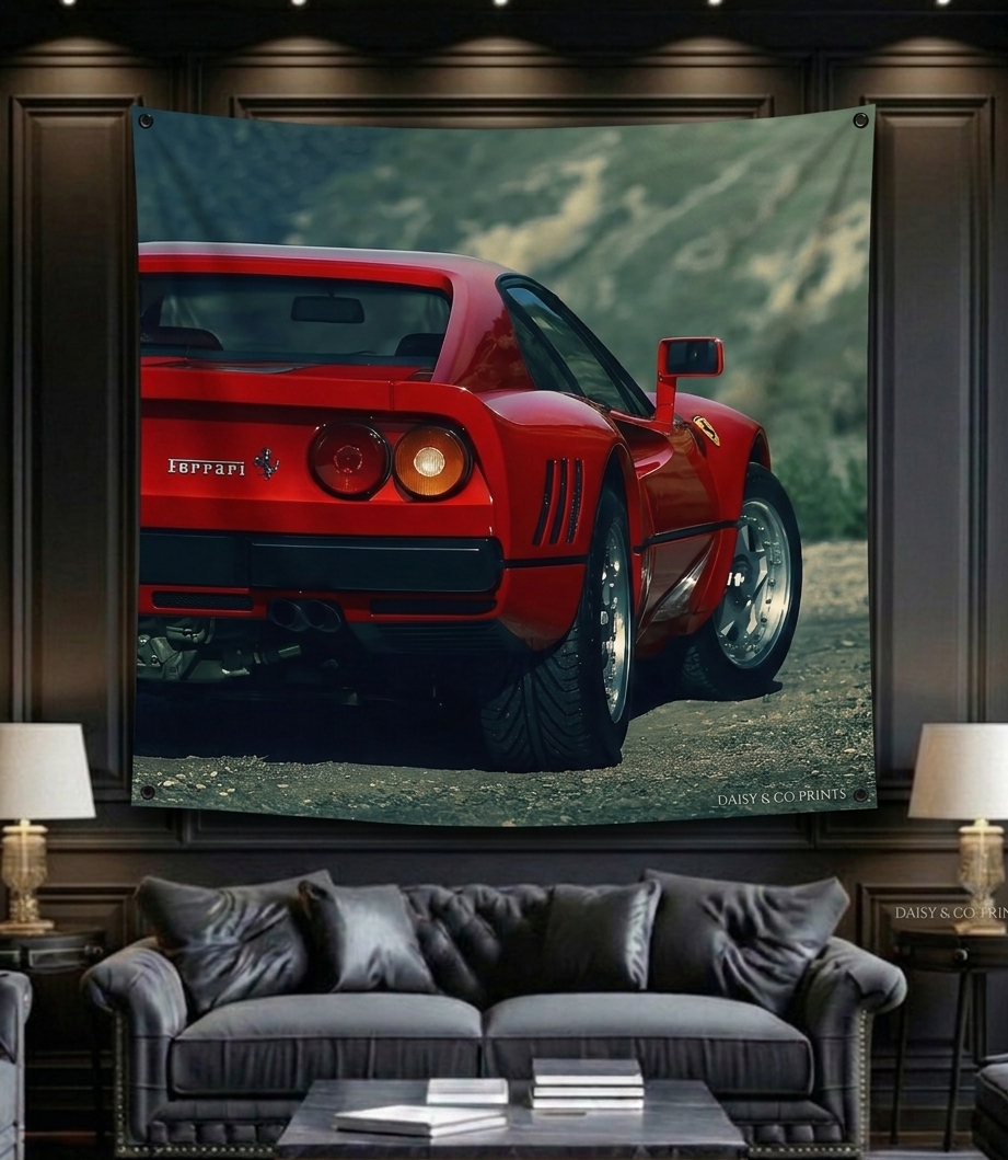 Ferrari GTO velvet wall tapestry – room mockup showing tapestry hung on bedroom wall