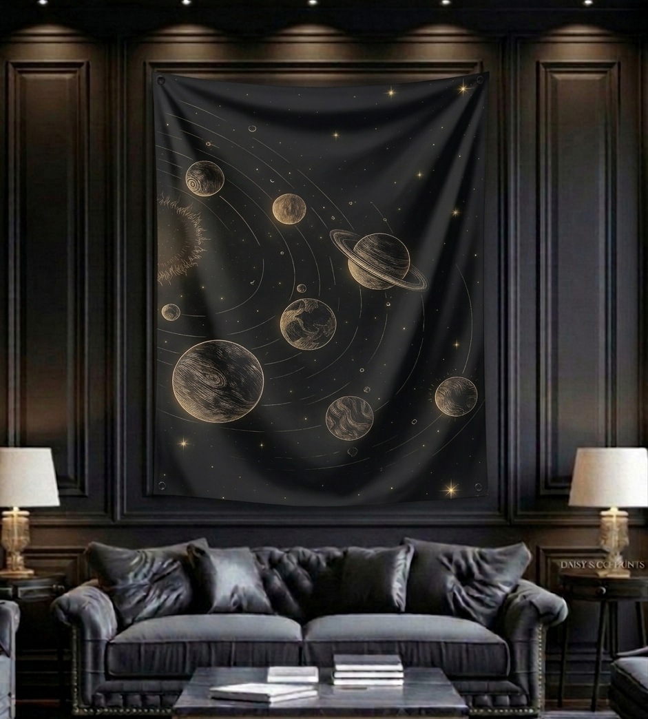Solar system velvet wall tapestry – room mockup showing tapestry hung on bedroom wall